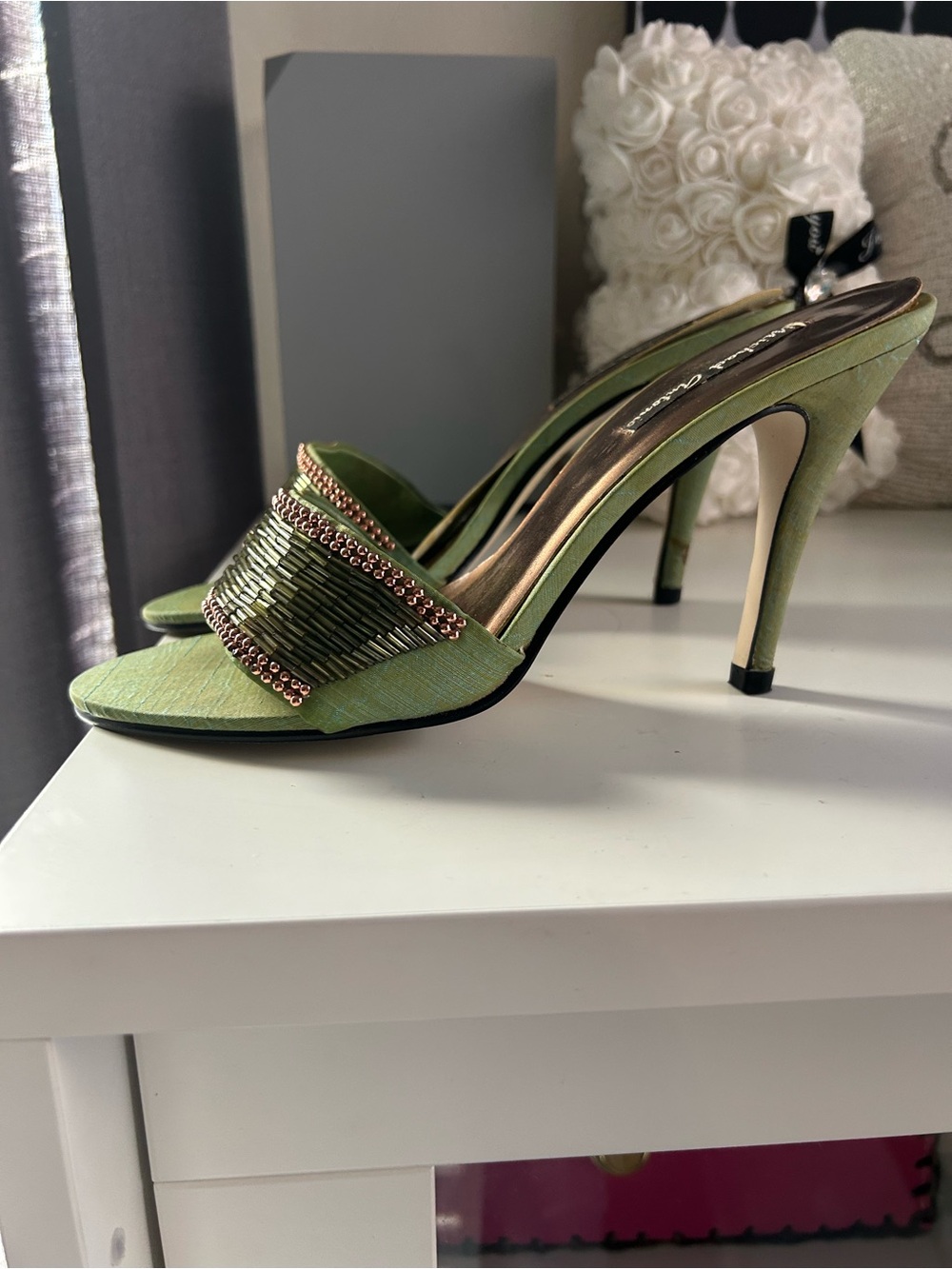 Michael Antonio Lime Green Beaded High Heel Mules